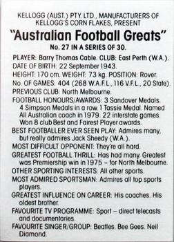 1981 Kellogg's Australian Football Greats #27 Barry Cable Back
